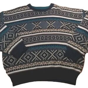 Vtg Impact Sweater Men XL Leather Patches Geometric Eclectic Grampa Ski Crewneck